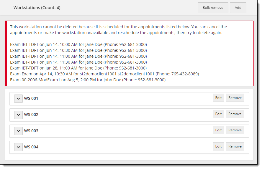 Workstation cannot be removed error message.